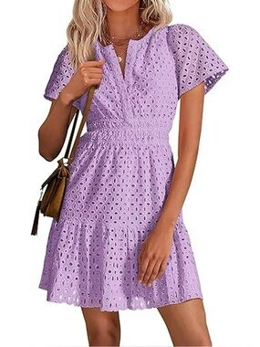 Pretty Garden Eyelet Short Tiered Sleeve Summer Dress M